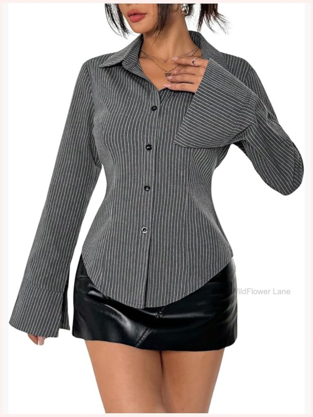 Striped Long Sleeve Button Down Shirt Blouse Lapel Collar Work Top